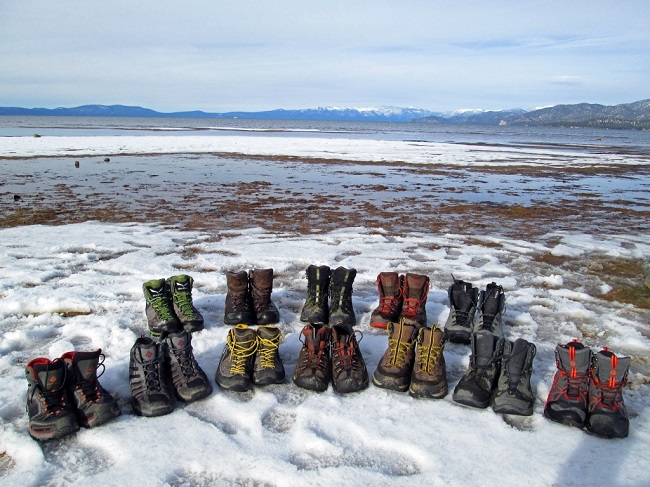 Row of Hiking Boots in the Snow