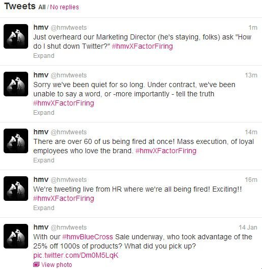 #hmvxfactorfiring Twitter crisis for HMV retailer