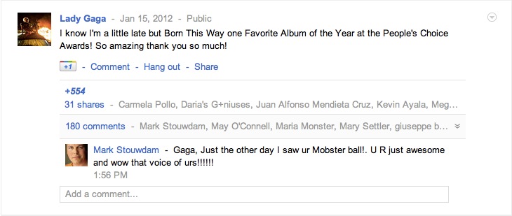 Lady Gaga Google+ Post