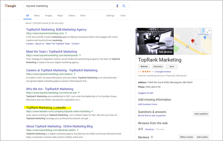 example of social media content showing up in search results