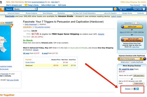 sample amazon product page with share tools