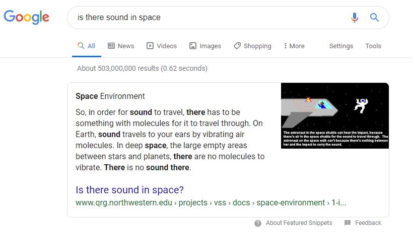 screen shot of google search results for best answer content about sound in space